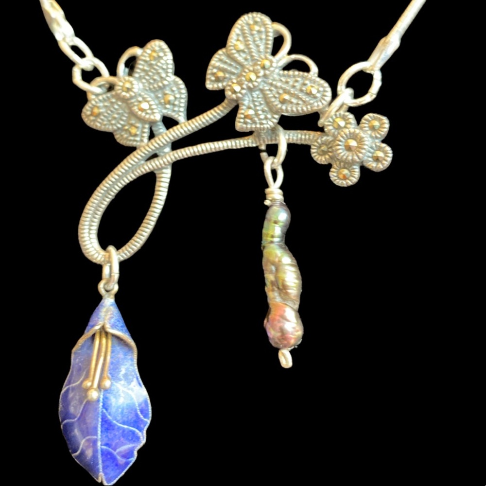 🌴Vintage Art Nouveau Choker With Marcasite, enamel and Black Fresh Water Pearl.